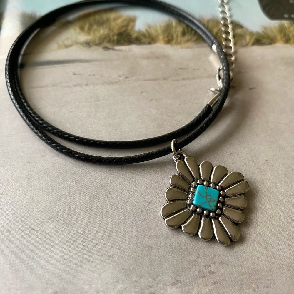 Handmade Cord Necklace Silver Turquoise 9"‎ Long Boho